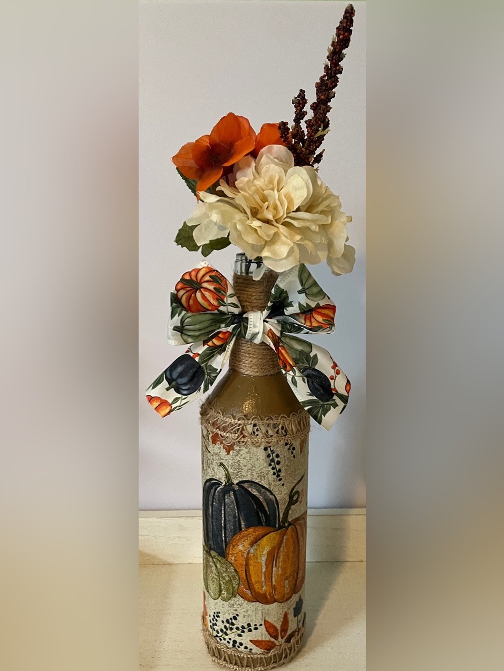 Autumn Pumpkin Decorative Bottle with Cream Floral Accent